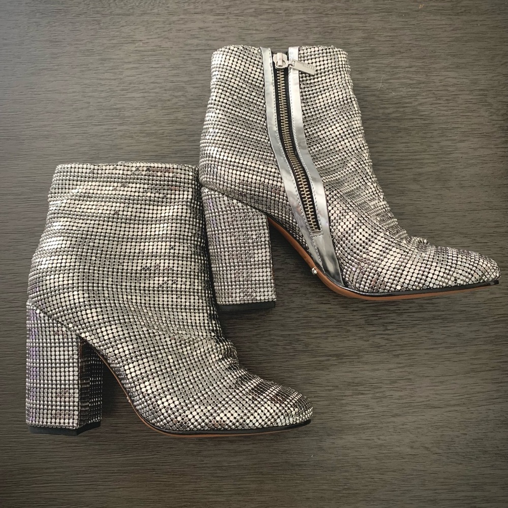 Schutz Taise Ruched Metallic Silver Booties